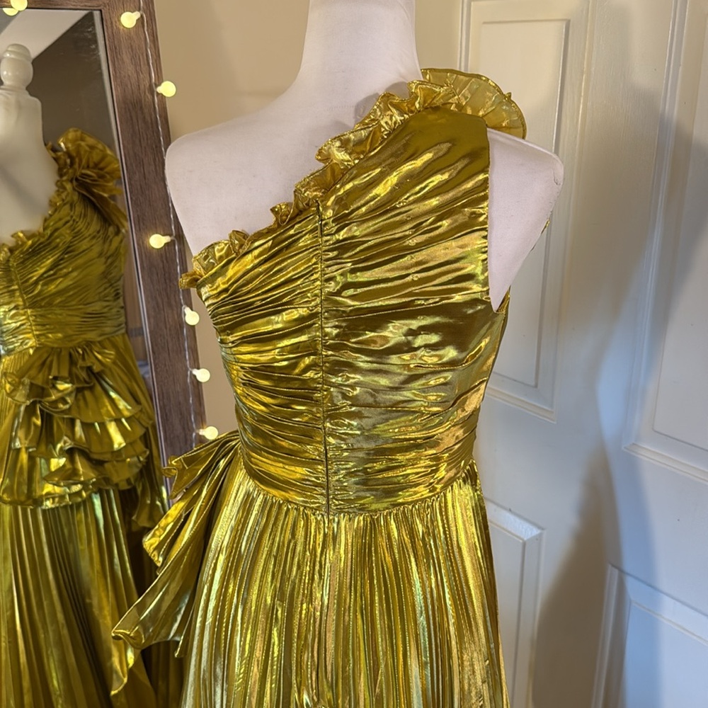 MAC DUGGAL Gold One Shoulder Pleated Ruffle Gown with Slit - Picture 12 of 17